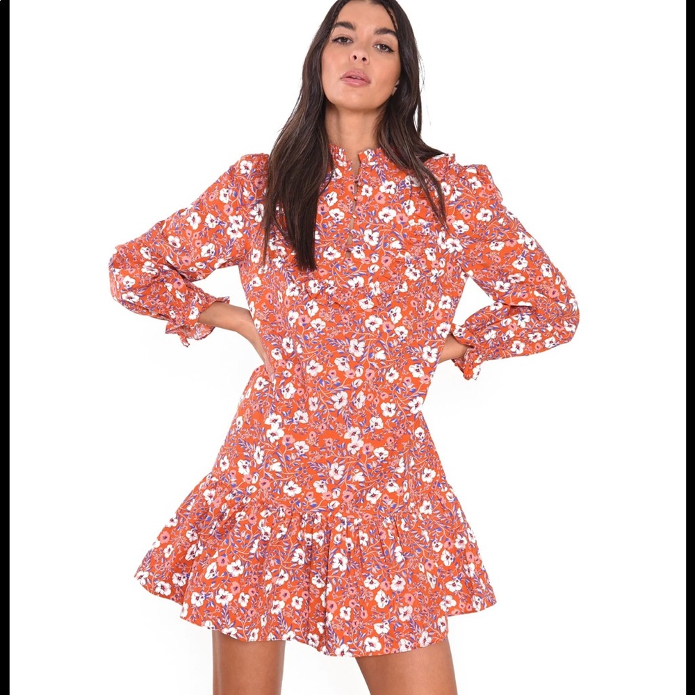 NEW WITH TAGS- Orange, floral, poplin dress size Small.